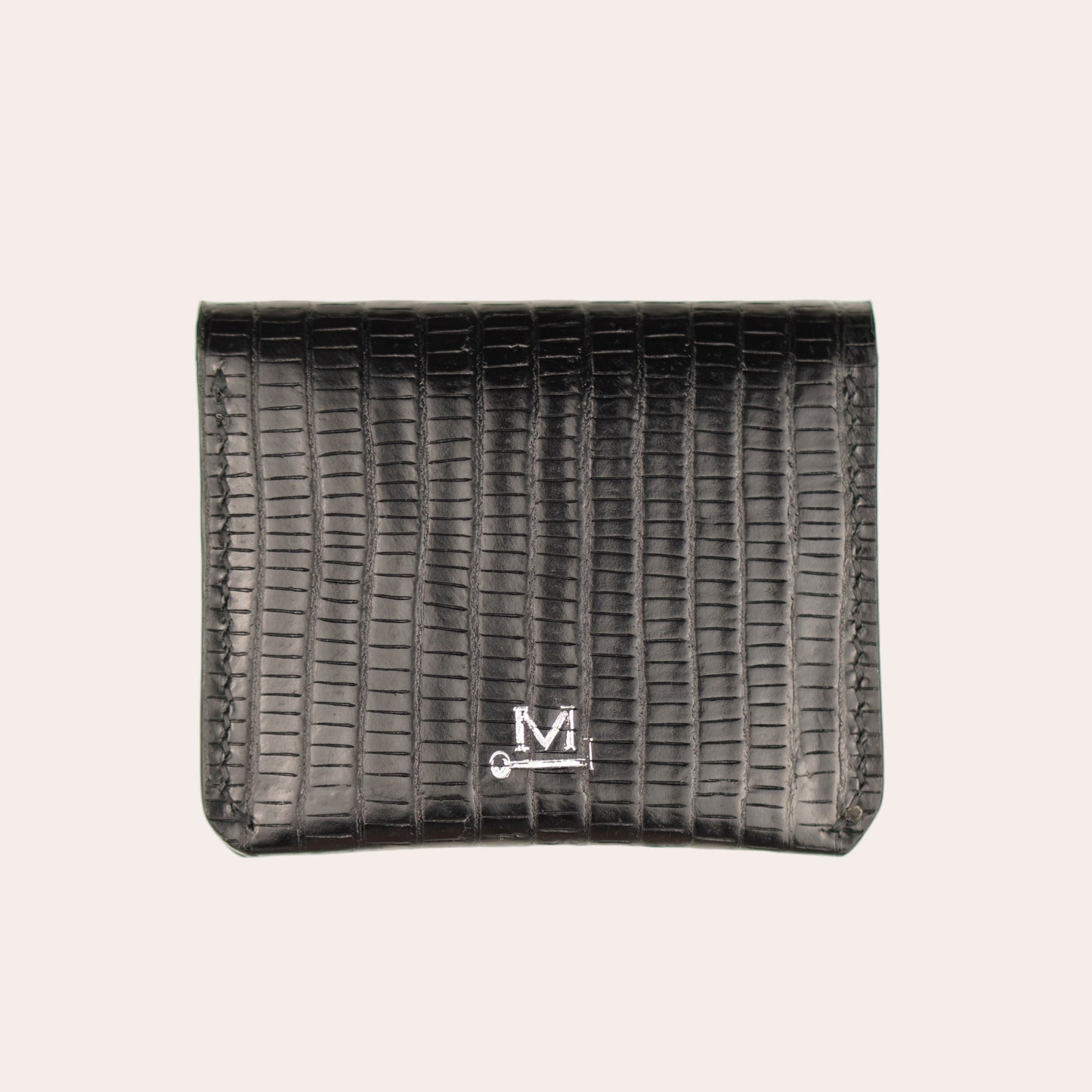 Black textured pouch with a logo on a white background