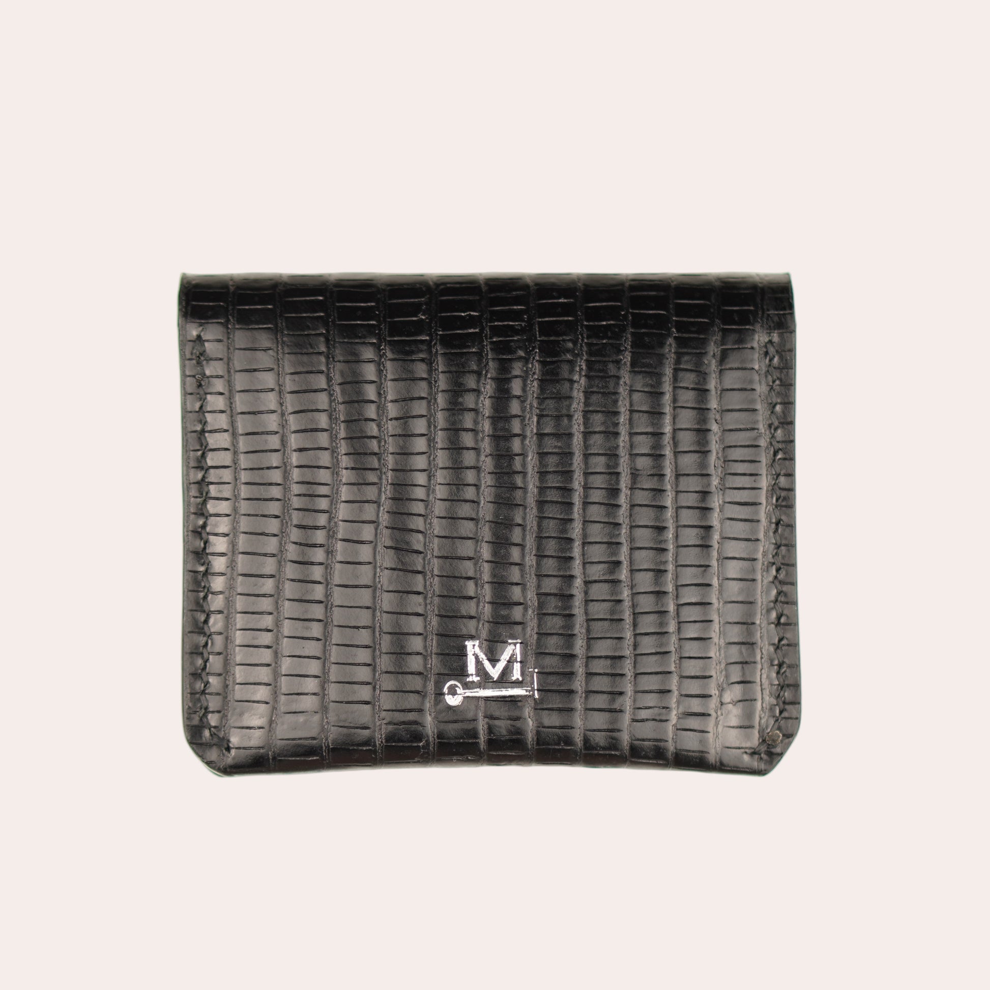 Black textured pouch with a logo on a white background