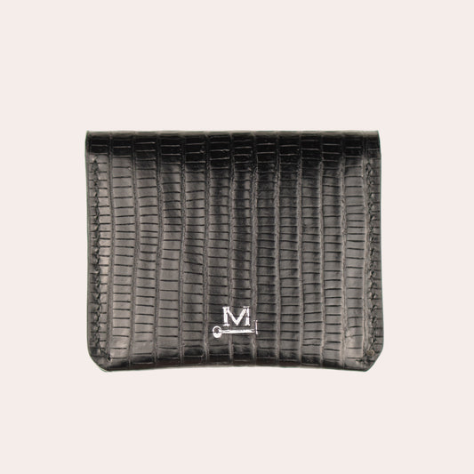 Black textured pouch with a logo on a white background