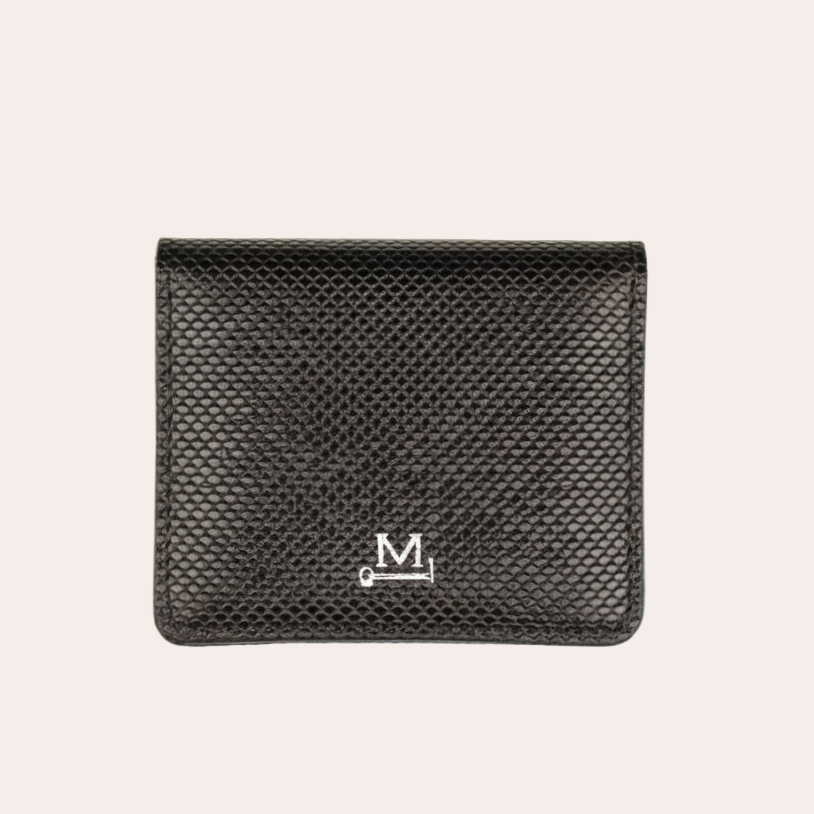 Black textured wallet with a brand logo on a white background