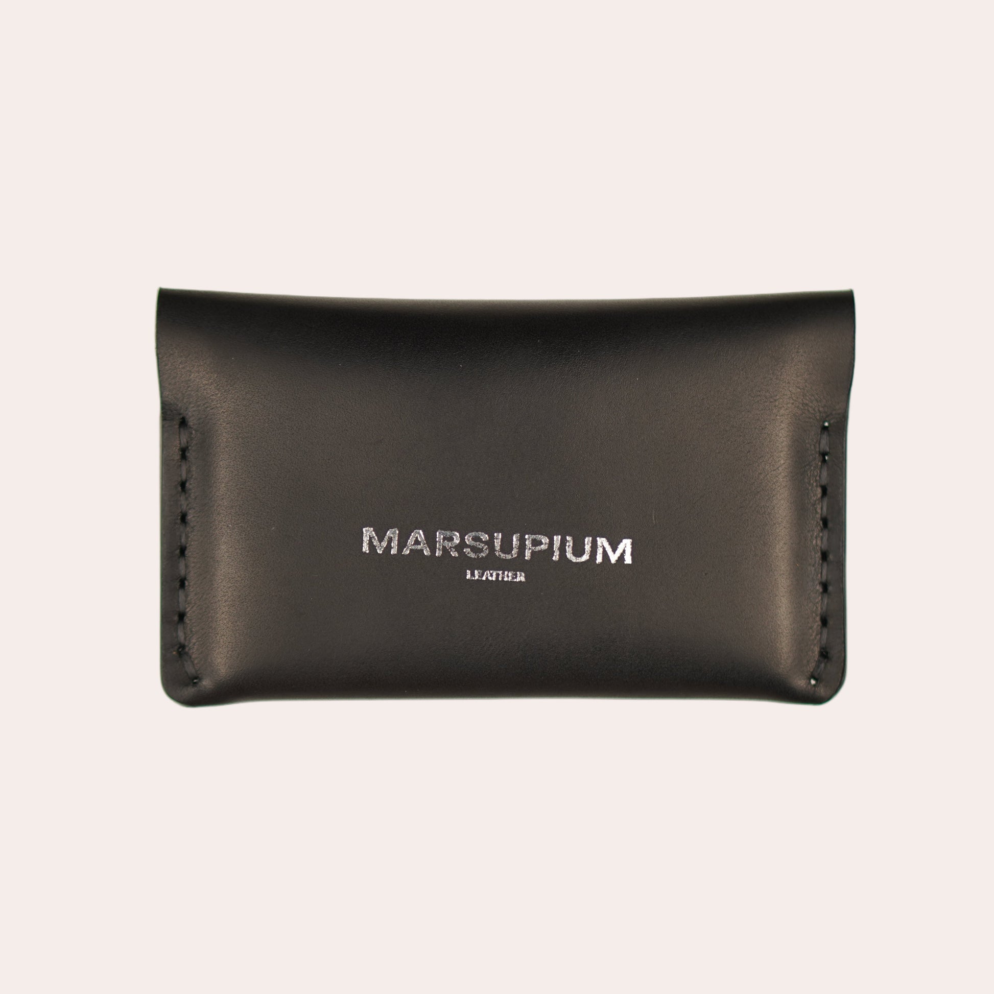 Black leather wallet with 'MARSUPIUM' branding on a white background