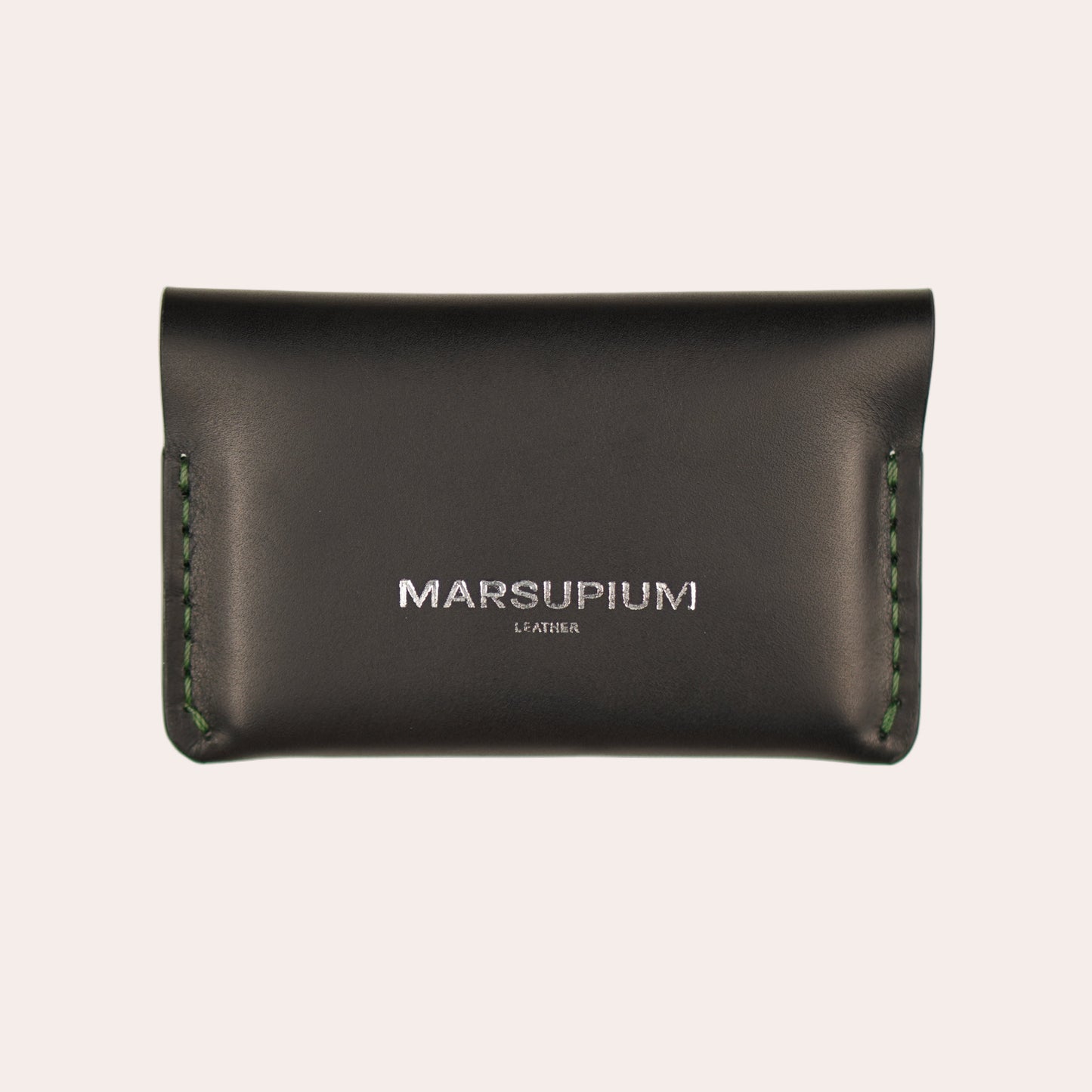 Black leather wallet with 'Marsupium' branding on a white background