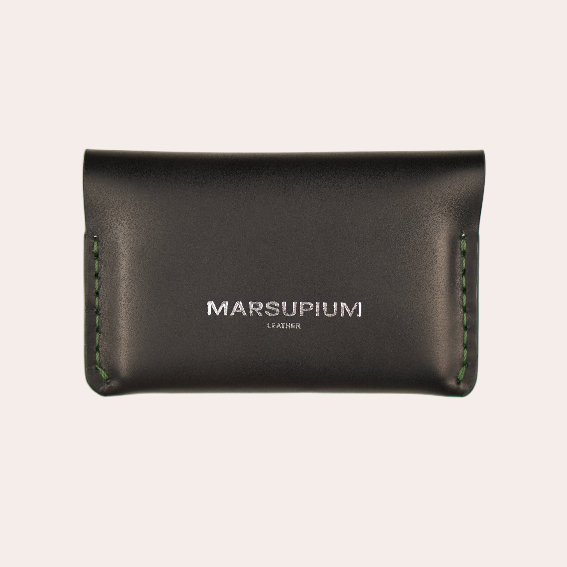 Black leather wallet with 'Marsupium' branding on a white background
