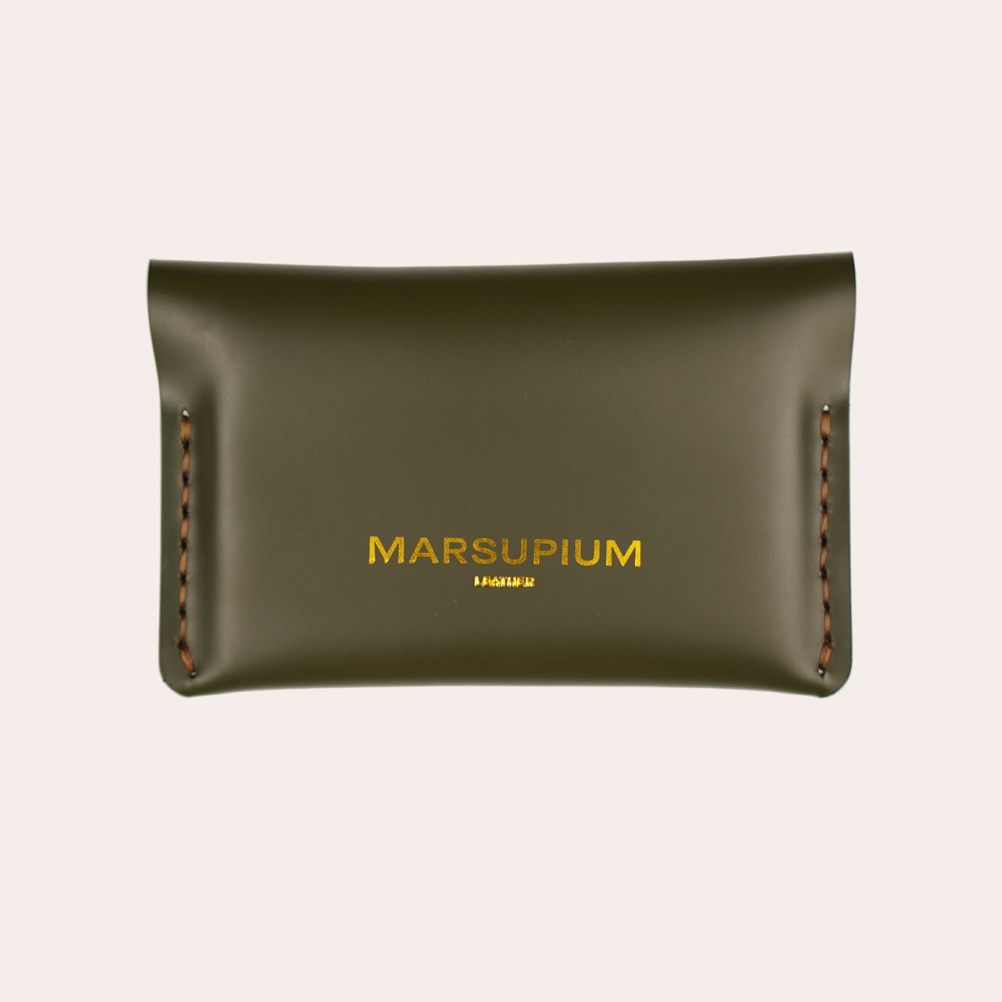 Green leather pouch with 'MARSUPIUM' branding on a white background