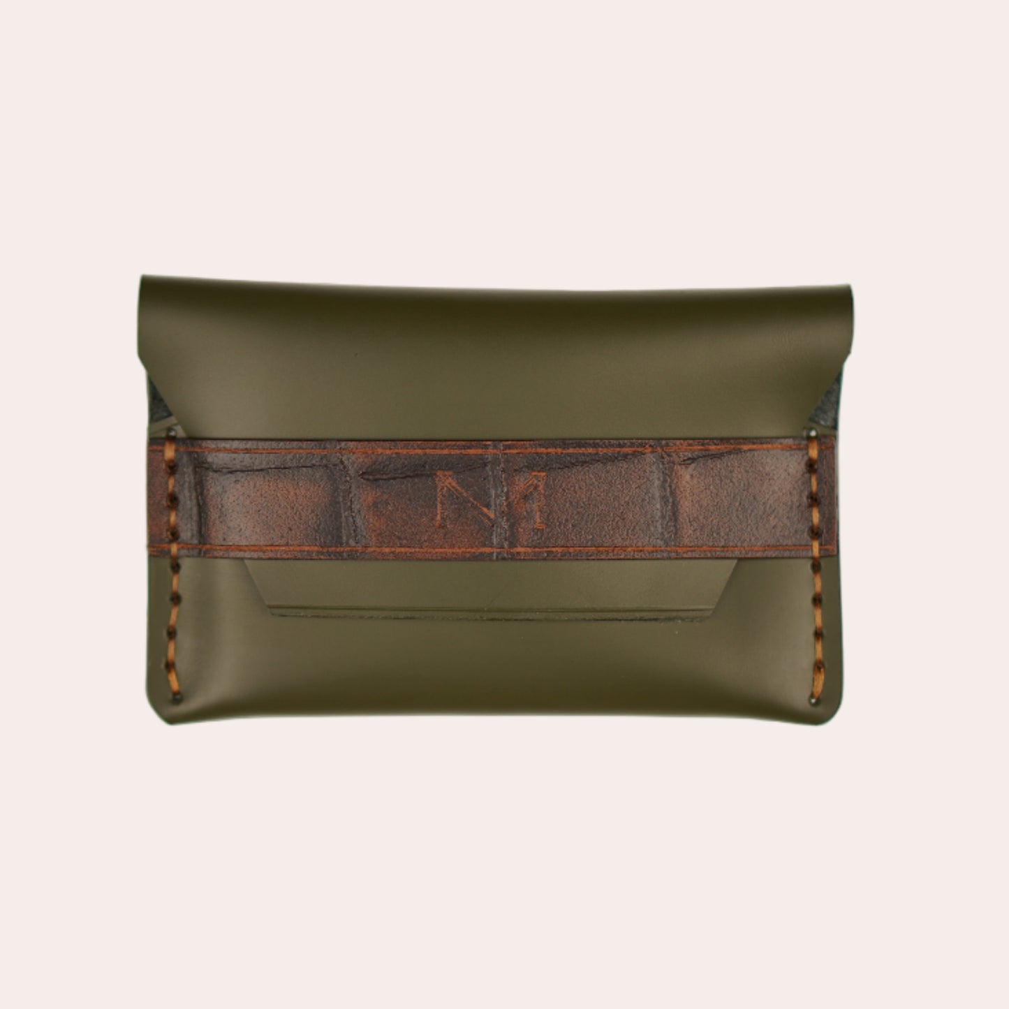 Green leather pouch with brown crocodile-patterned strap on a white background