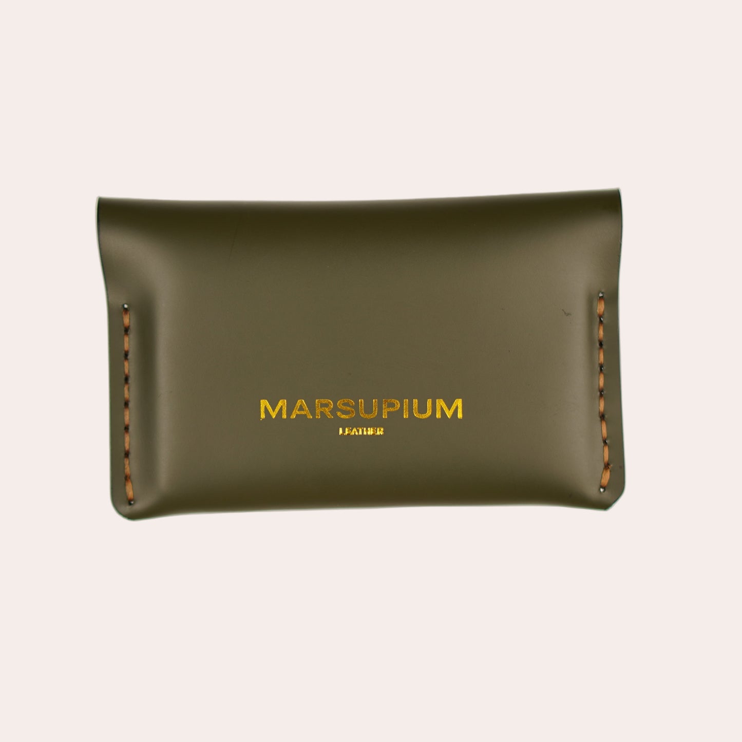 Green leather pouch with 'Marsupium' branding on a white background